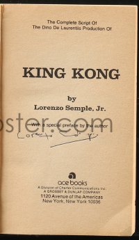 9s0793 LORENZO SEMPLE JR. signed paperback book 1977 The Complete Script of King Kong, Frazetta art!