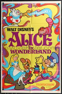9t1143 ALICE IN WONDERLAND 1sh R1974 Walt Disney, Lewis Carroll classic, cool psychedelic art!