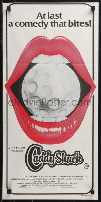 9t0621 CADDYSHACK Aust daybill 1980 Chase, Murray, Dangerfield, different golf ball in mouth art!