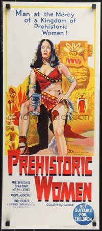 9t0681 PREHISTORIC WOMEN Aust daybill 1966 Hammer, Slave Girls, art of sexiest cave woman with whip!