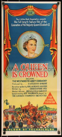 9t0685 QUEEN IS CROWNED Aust daybill 1953 Queen Elizabeth II's coronation documentary!