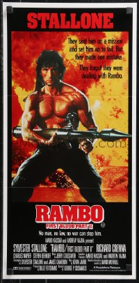 9t0687 RAMBO FIRST BLOOD PART II Aust daybill 1985 no man, no law, no war can stop Stallone!