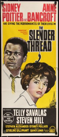 9t0697 SLENDER THREAD Aust daybill 1966 Sidney Poitier keeps Anne Bancroft from committing suicide!