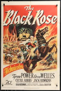 9t1227 BLACK ROSE 1sh 1950 great fiery action artwork of Tyrone Power & Orson Welles!