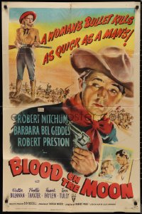 9t1232 BLOOD ON THE MOON 1sh 1949 art of cowboy Robert Mitchum pointing gun & Barbara Bel Geddes