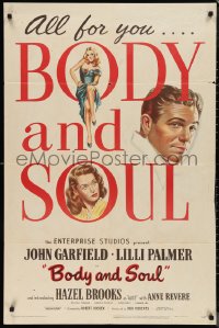 9t1239 BODY & SOUL 1sh 1947 boxing, John Garfield, art of Lilli Palmer & sexy Hazel Brooks!