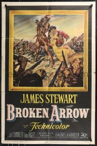 9t1258 BROKEN ARROW 1sh 1950 art of James Stewart rescuing sexy Native American Debra Paget!