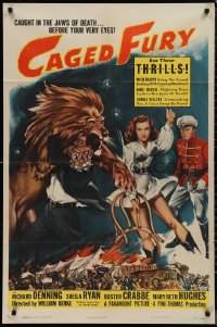 9t1266 CAGED FURY 1sh 1948 cool art of Richard Denning, lion tamer Sheila Ryan!