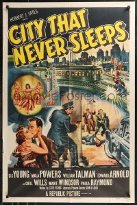 9t1300 CITY THAT NEVER SLEEPS 1sh 1953 great art of gunfight under elevated train in Chicago!