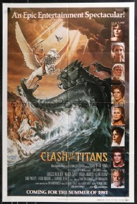 9t1302 CLASH OF THE TITANS advance 1sh 1981 Ray Harryhausen, Goozee art, white credits design!