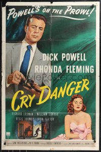 9t1331 CRY DANGER 1sh 1951 great film noir art of Dick Powell & Rhonda Fleming!