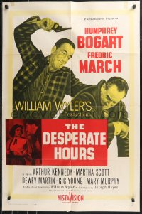 9t1363 DESPERATE HOURS 1sh 1955 Humphrey Bogart attacks Fredric March from behind, William Wyler