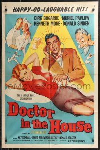 9t1381 DOCTOR IN THE HOUSE 1sh 1955 great art of Dr. Dirk Bogarde examining sexy Muriel Pavlow!