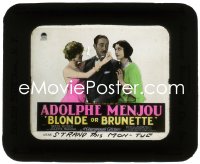 9t0723 BLONDE OR BRUNETTE glass slide 1927 Adolphe Menjou between Greta Nissen & Arlette Marchal!