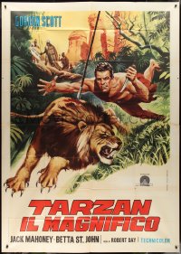 9t0125 TARZAN THE MAGNIFICENT Italian 2p R1970s Piovano art of Gordon Scott attacking lion, rare!