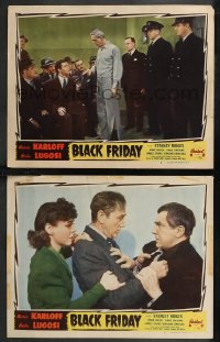 9t0526 BLACK FRIDAY 2 LCs R1947 great images of mad scientist Boris Karloff & Bela Lugosi in fight!