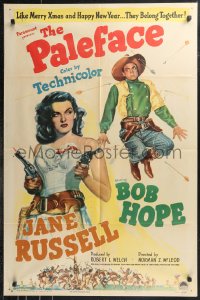 9t1816 PALEFACE 1sh 1948 art of sexy Jane Russell with two pistols & cowboy Bob Hope!