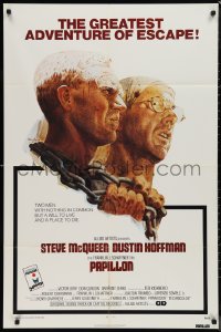 9t1819 PAPILLON 1sh 1973 prisoners Steve McQueen & Dustin Hoffman by Tom Jung, Allied Artists!
