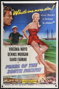 9t1831 PEARL OF THE SOUTH PACIFIC 1sh 1955 art of sexy Virginia Mayo in sarong & Dennis Morgan!