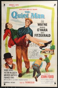 9t1864 QUIET MAN 1sh R1957 great image of John Wayne carrying Maureen O'Hara, John Ford classic!