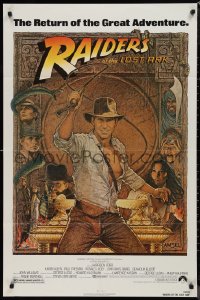 9t1868 RAIDERS OF THE LOST ARK 1sh R1982 great Richard Amsel art of adventurer Harrison Ford!