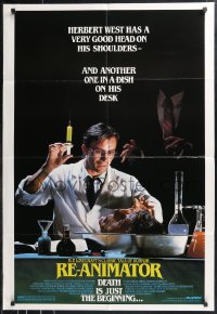 9t1872 RE-ANIMATOR 1sh 1985 great image of mad scientist Jeffrey Combs w/severed head in bowl!