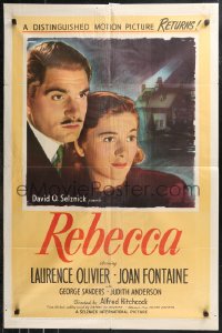 9t1875 REBECCA 1sh R1946 Alfred Hitchcock, image of Laurence Olivier & Joan Fontaine!