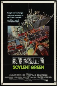 9t1983 SOYLENT GREEN int'l 1sh 1973 art of Charlton Heston trying to escape riot control by John Solie!