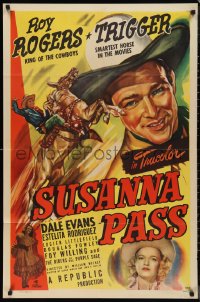 9t2030 SUSANNA PASS 1sh 1949 great art of Roy Rogers riding Trigger, plus sexy Dale Evans!