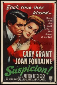 9t2031 SUSPICION 1sh R1953 Alfred Hitchcock, art of Cary Grant & Joan Fontaine in embrace, rare!