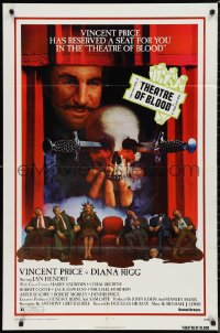 9t2062 THEATRE OF BLOOD 1sh 1973 great art of Vincent Price holding bloody skull w/dead audience!