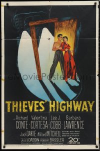 9t2071 THIEVES' HIGHWAY 1sh 1949 art of trucker Richard Conte & Valentina Cortese, Jules Dassin