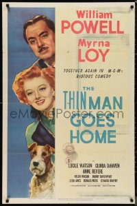 9t2073 THIN MAN GOES HOME 1sh 1944 art of William Powell, Myrna Loy & Asta the dog too, ultra rare!