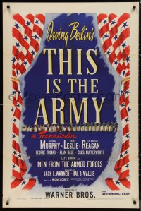 9t2077 THIS IS THE ARMY 1sh 1943 Irving Berlin musical, Lt. Ronald Reagan, cool patriotic design!