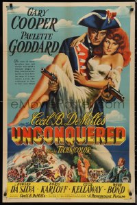 9t2120 UNCONQUERED 1sh 1947 art of Gary Cooper holding Paulette Goddard & two guns!
