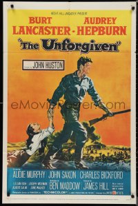 9t2122 UNFORGIVEN 1sh 1960 McCarthy & Cravath art of Burt Lancaster & Audrey Hepburn, John Huston!