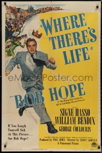 9t2158 WHERE THERE'S LIFE 1sh 1947 wacky art of Bob Hope being chased by angry mob!
