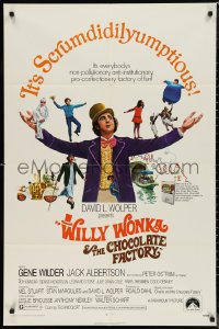 9t2174 WILLY WONKA & THE CHOCOLATE FACTORY 1sh 1971 Gene Wilder, it's scrumdidilyumptious!