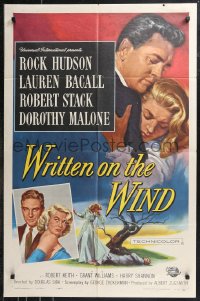 9t2194 WRITTEN ON THE WIND 1sh 1956 Brown art of Lauren Bacall, Rock Hudson & Robert Stack!
