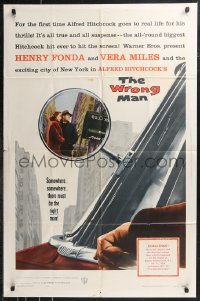 9t2195 WRONG MAN 1sh 1957 Henry Fonda, Vera Miles, Alfred Hitchcock, cool rear view mirror art!