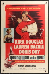9t2207 YOUNG MAN WITH A HORN 1sh 1950 jazz man Kirk Douglas kisses sexy Lauren Bacall + Doris Day!