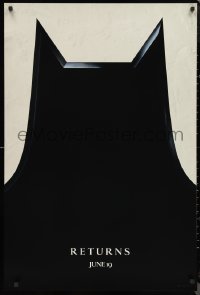 9w1085 BATMAN RETURNS teaser 1sh 1992 Burton, Keaton, cool partial bat symbol, dated design!