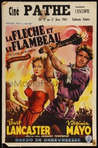 9w0672 FLAME & THE ARROW Belgian 1951 Wik art of Burt Lancaster protecting sexy Virginia Mayo!