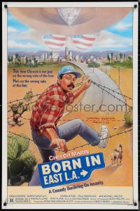 9w1109 BORN IN EAST L.A. 1sh 1987 great artwork of Cheech Marin crossing the border!