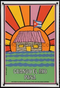 9w0148 CUANDO EL RIO PASO Cuban 1987 Centeno, great Emeria silkscreen art of sunset & Cuban flag!