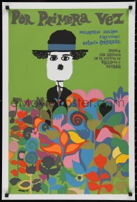 9w0152 FOR THE FIRST TIME Cuban R1990s Munoz Bachs silkscreen art of Chaplin in flower field!