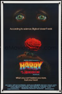 9w1209 HARRY & THE HENDERSONS 1sh 1987 John Lithgow, Bigfoot, cool art of eyes and hand holding rose