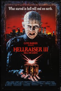 9w1220 HELLRAISER III: HELL ON EARTH 1sh 1992 Clive Barker, great c/u image of Pinhead holding cube!