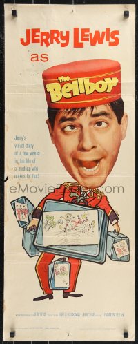 9w0180 BELLBOY insert 1960 wacky artwork of hotel attendant Jerry Lewis carrying too much luggage!