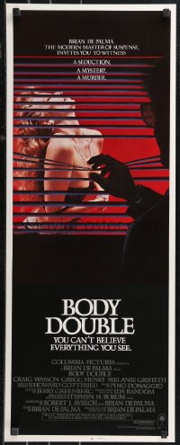 9w0183 BODY DOUBLE int'l insert 1985 Brian De Palma, Melanie Griffith, voyeur watches sexy woman!